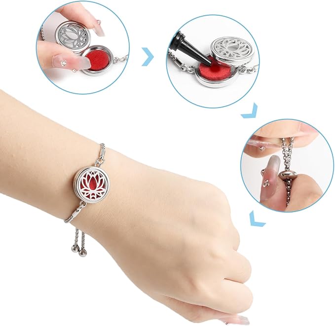 Essential Oil Diffuser Bracelet Aromatherapy Locket Adjustable Stainless Steel Lotus Bracelet with 10 Pcs Refill Pads for Women Girls