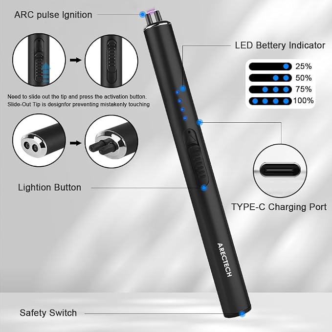 ARECTECH Electric Candle Rechargeable Lighter Arc Plasma Lighters for Candle Kitchen Camping Christmas Type-C Black