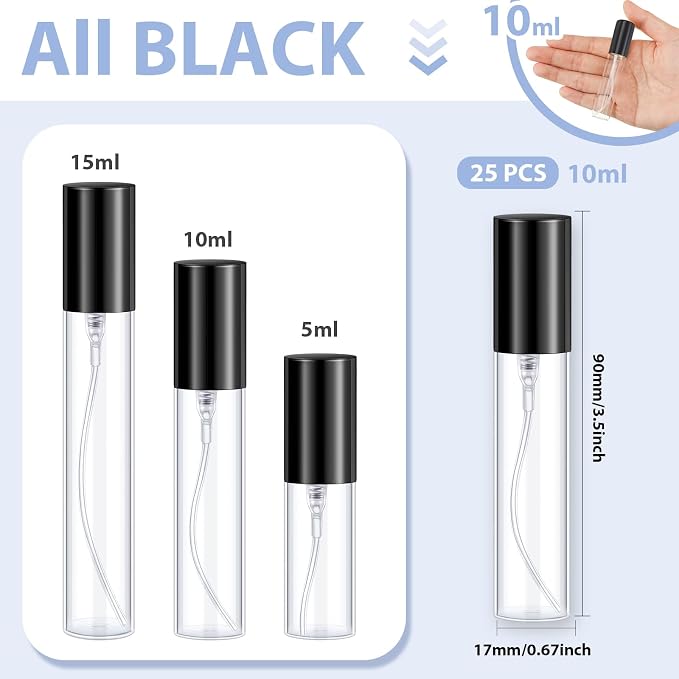 Yinder 25 Pcs 10 ml Glass Refillable Perfume Bottles Bulk Travel Empty Perfume Atomizer Sprayers Portable Spray Bottles Mini Sample Fragrance Containers, Black