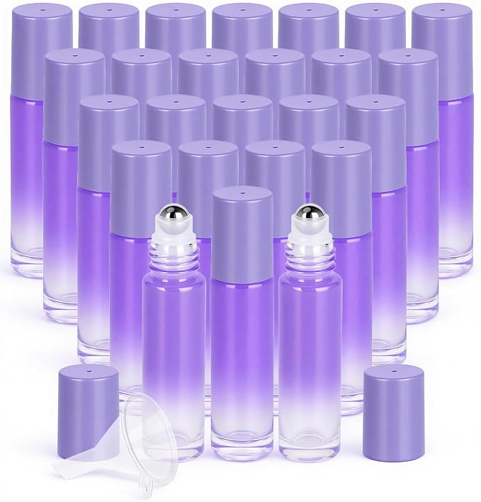 Worldgsb 25 Pack Essential Oil Roller Bottles, 10ml Refillable Glass Roller Bottles with Stainless Steel Roller Balls and Caps for Travel, Perfume and Lip Gloss Purple Gradient