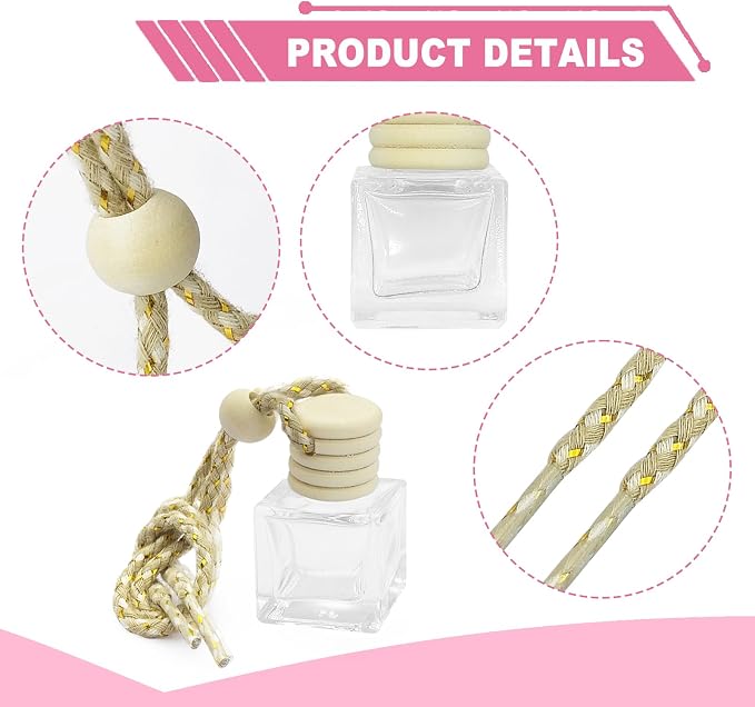 5 pcs Car Hanging Empty Glass Perfume Bottles Pendant Bottle, DIY Air Freshener Pendant, Empty Clear Glass Essential Diffuser Oil Aromatherapy, Glass Bottle Decor (Square)