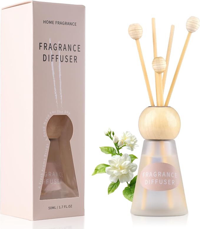 Reed Diffuser Set, White Musk Scent with Reed Sticks, 1.7 fl oz / 50ml Cone-Shaped Bottle with Round Wooden Cap, Ideal for Bathroom, Bedroom, Office, Home Fragrance for Shelf Decor Air Freshener Gift