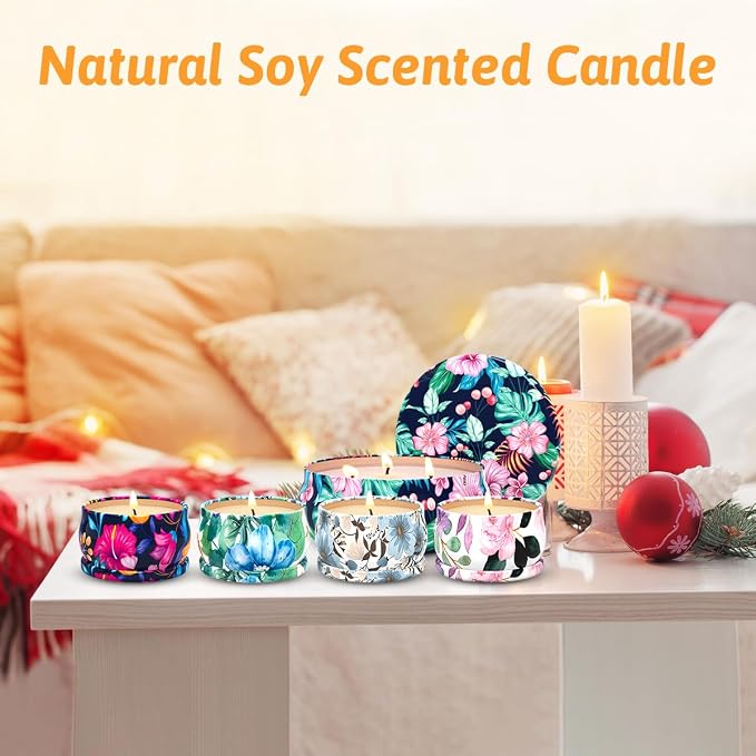 Aromatherapy Candle Gift Set - 5 Piece Scented Candles (1 x 13.5 oz, 4 x 2.5 oz) - Floral Tin Soy Wax Candles for Relaxation, Stress Relief, and Home Decor - Perfect for Gifting