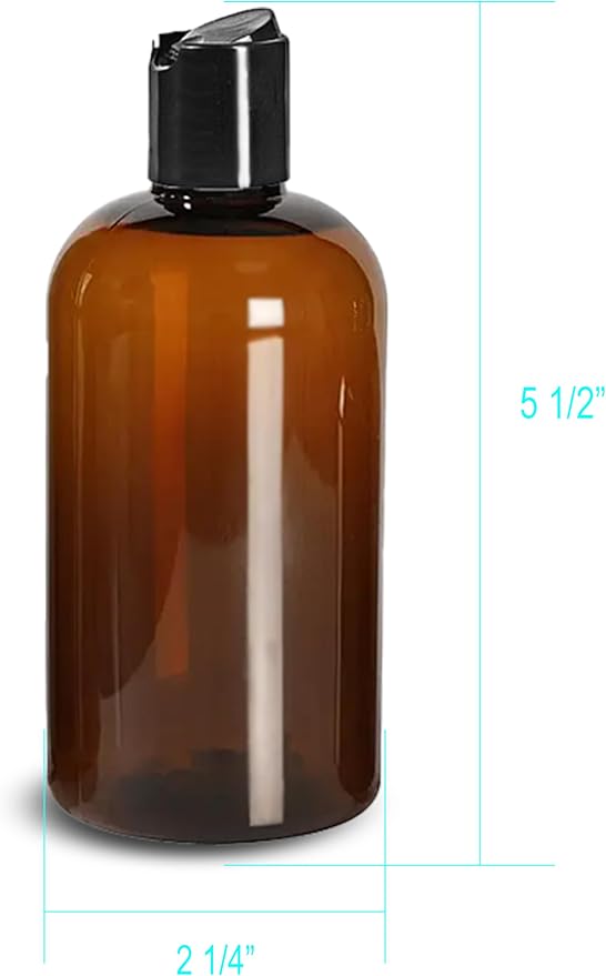 ljdeals 8 oz Amber Plastic Empty Bottles with Black Disc Top Caps, Refillable Containers for Shampoo, Lotions, Cream and More, BPA Free, Pack of 2, Made in USA