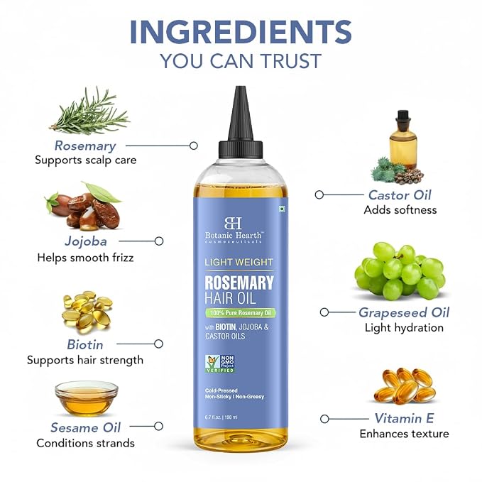 Botanic Hearth Rosemary Hair Oil | 6.7 fl oz | Lightweight Non-Greasy Oil for Fine & Thin Hair | With Rosemary, Castor Oil & Biotin | Smooths Frizz & Adds Shine | Daily Use for Men & Women