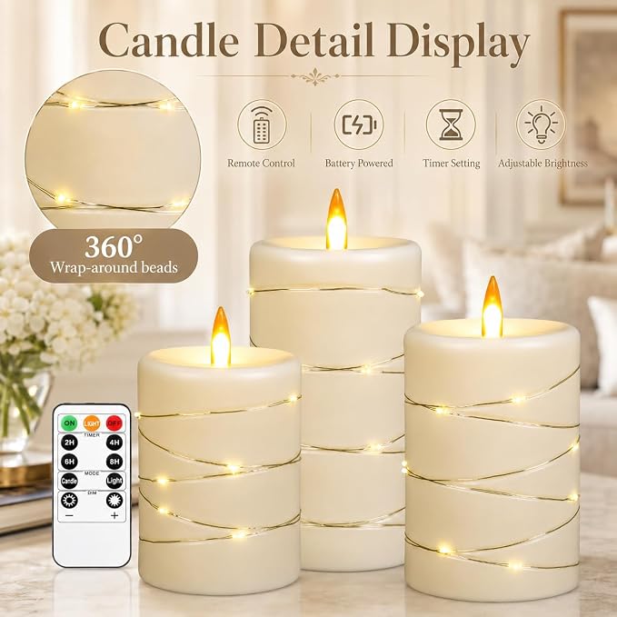 Upinmz Flickering Flameless Candles with String Lights, Battery Operated Candle, LED Candles Unbreakable Acrylic Candles with Remote Control and Timer -3 Pack Ivory White