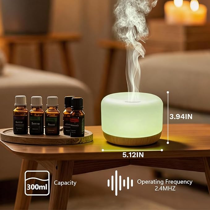 YINBAOGE Essential Oil Diffuser,Ultrasonic Cool Mist Humidifier with 2 Mist Modes,7 Color LED Light,2H/4H Timer, Quiet Aroma Diffuser for Bedroom, Home, Office, Auto Shut-Off(Light Wood Grain, 300 ml)