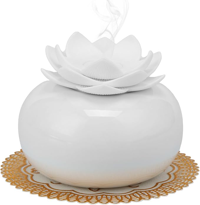6.8 oz Water Lily Top Aromatherapy Diffusers, Decorative Essential Oil Diffusers, USB Ceramic Diffuser Humidifier, Cute Lotus Decorative Auto Shut Off, for Home Bedroom Office(White,1PCS)