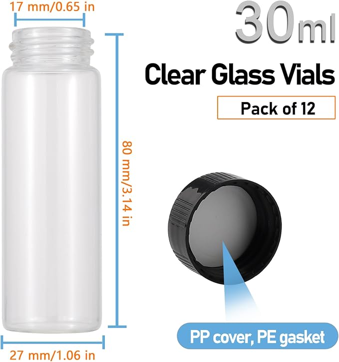 Kesell 12 Pack Glass Vials 30ml Vials With Screw Caps Borosilicate Glass Bottle Lab Vial