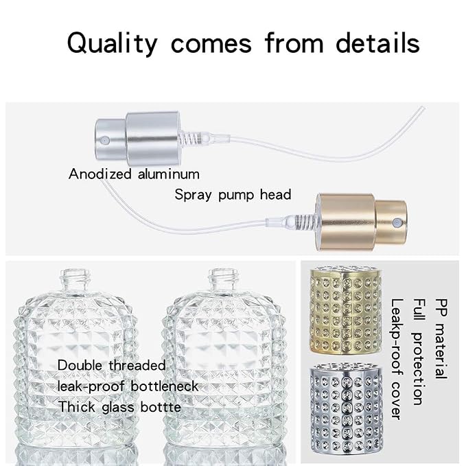 2 Pack 50ml Thick Clear Glass Fine Mist Spray Scent Aftershave Luxury Perfume Bottles Empty Atomizer Spray Bottle with 4 kinds of perfume dispenser (Silver cap and Gold cap)