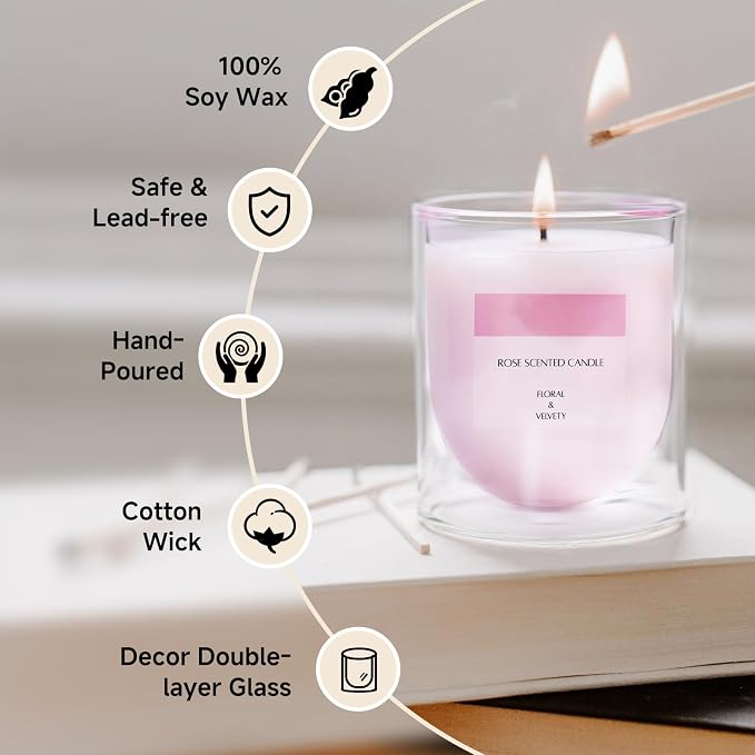 Rose Scented Candles, Pink Floral Aromatherapy Candle Gifts for Women Lover, Soy Wax Non Toxic