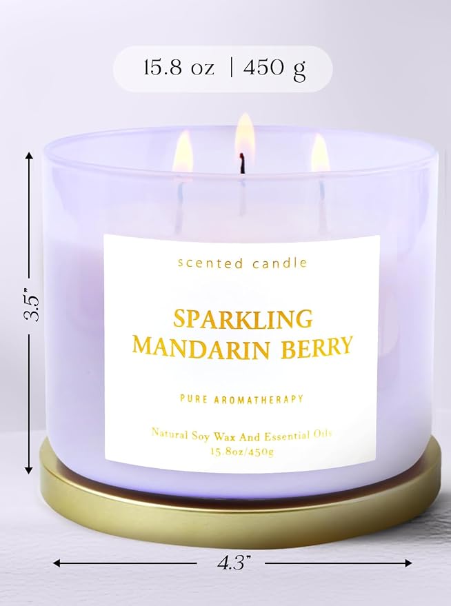 Sparkling Mandarin Berry 3-Wick Soy Summer Scented Candle for Home, 15.8oz | Grapefruit, Peach, Raspberry & Strawberry Notes, Fresh Citrus, Clean Burn, Bright Uplifting Scent, Gift for Women & Men