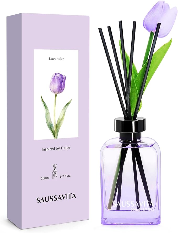 Reed Diffuser Set with Tulip Flowers Vintage Rectangular Bottle Lavender Scent, Reed Diffusers 6.76 fl oz for 120 Days Narrow Spaces, Flower Reed Diffuser Long Lasting for Bathroom, Office Decor