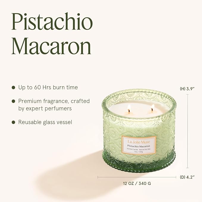 LA JOLIE MUSE Pistachio Macaron Scented Candles for Home, Soy Wax, 2-Wick | Large Jar Luxury Candles, Clean Non Toxic, Gift for Women & Men, Decorative Gourmand Candle, Pretty Candle, Vanilla Milk,12oz