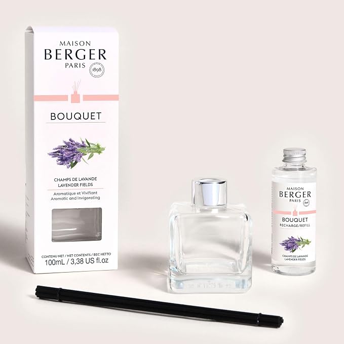 MAISON BERGER Reed Diffuser Bouquet, 100 ml, Lavender Fields | Clear Glass Bottle, 8 Reed Sticks, 100 ml Refill, Up to 6-Week Passive Diffusion, No Flame, Made in France
