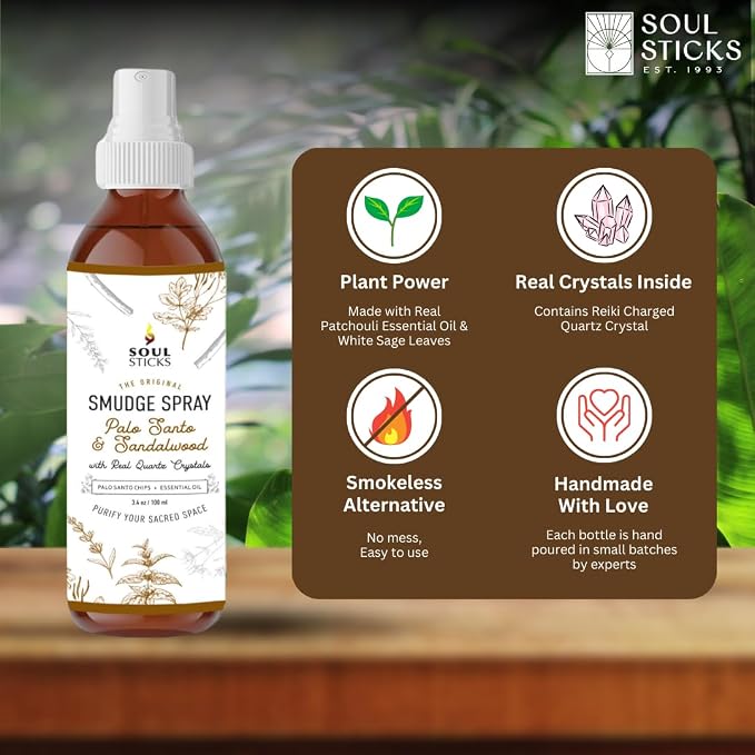 SOUL STICKS Palo Santo & Sandalwood Smudge Spray For Cleansing and Negative Energy | 3.5oz Palo Santo Spray with Real Quartz Crystals | Sage Room Spray for Spiritual Cleansing and Purifying Home Car