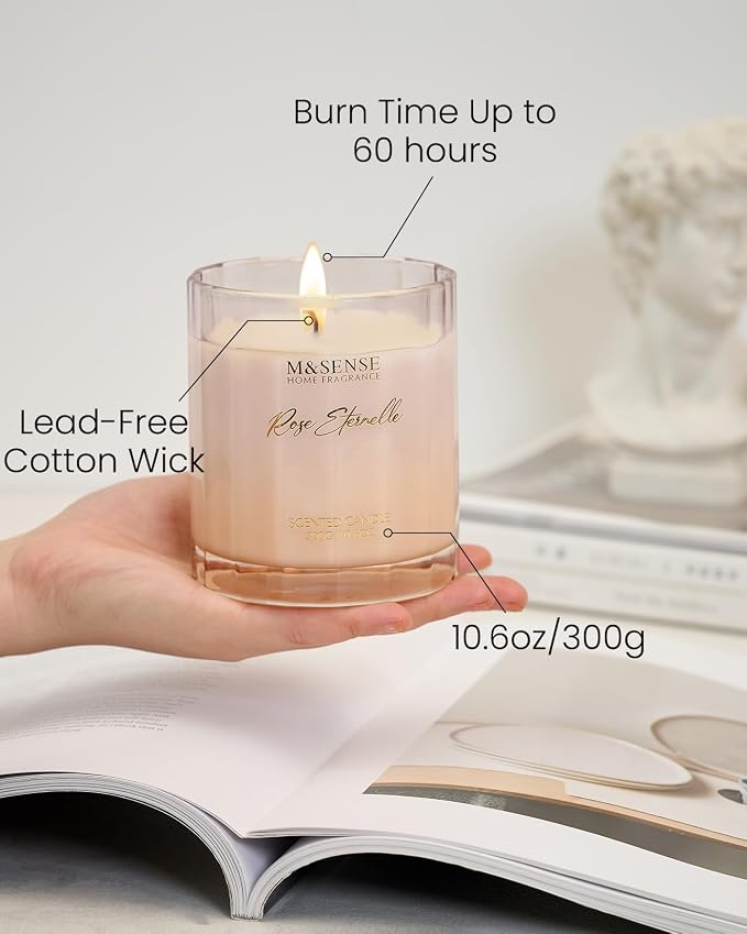 M&SENSE Rose Scented Candles for Home, 10.6oz Natural Soy Wax 60 Hours | Slow Burn, Clean Non Toxic, Floral Scent Aromatherapy Candle for Relaxing Stress Relief, Romantic Gift for Girlfriend
