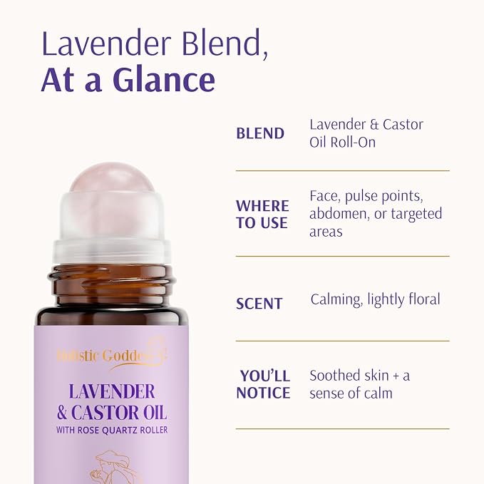 Holistic Goddess Organic Lavender & Castor Oil Roll-On with Rose Quartz Roller – Calming Night Ritual Oil for Stressed Skin & Visible Redness, 1.7 fl oz (50ml)