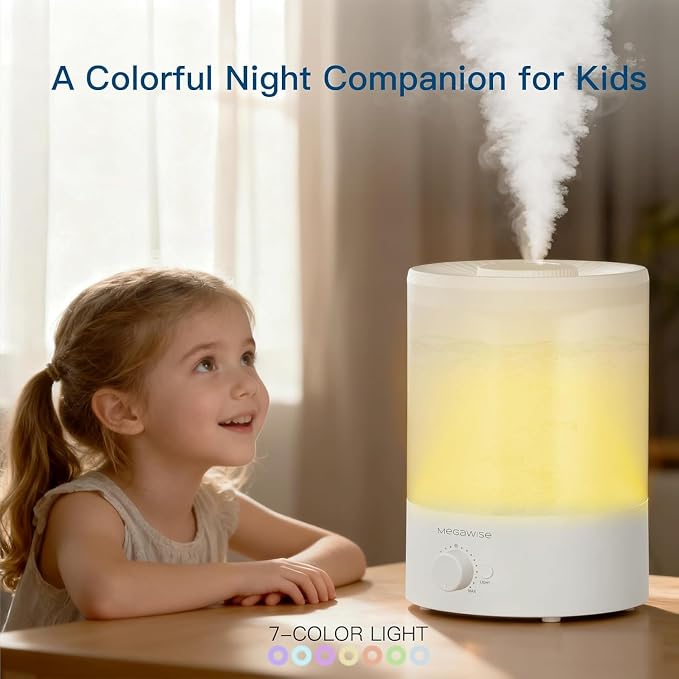 MEGAWISE 3.5L Cool Mist Humidifier – Ultra-Quiet Ultrasonic Vaporizer with Top-Fill Design, Essential Oil Diffuser, 7-Color Night Light & Auto Shut-Off