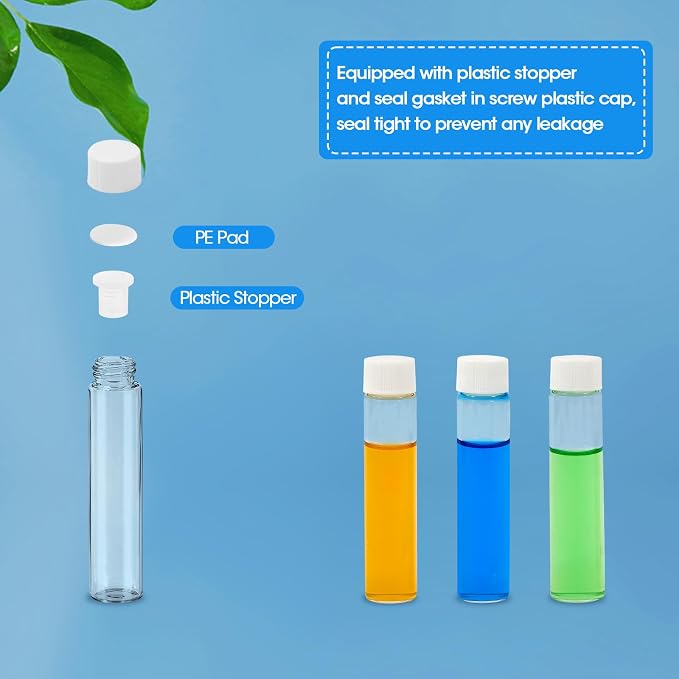 7ml Clear Glass Vials with Screw Caps and Plastic Stoppers, 2 Dram Small Liquid Sample Vial, Leak-Proof Vial, 12PCS(White Cap)