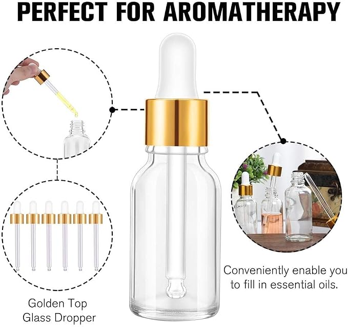 PrettyCare Glass Eye Dropper Bottles 99 Pack, 0.5oz (15ml) Empty Thick Bottles Bulk with Leakproof Golden Caps