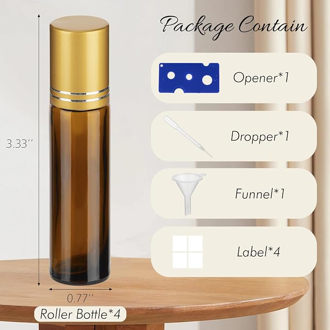 10ML Essential Oil Roller Bottles, 4 Pack Brown Gold Oil Roller Bottles for Essential Oils, Roll on Bottle with Stainless Steel Balls(4 Labels, Opener, Funnel, Dropper Included)