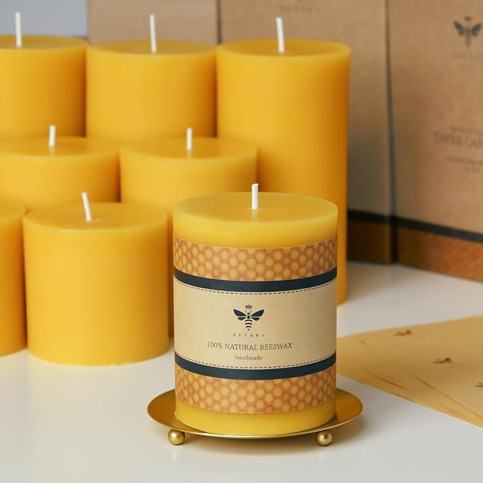 DEYBBY 3x4 inch Natural Beeswax Pillar Candle Set of 4 for Women Gift, Smokeless Dripless Pure Organic Beeswax Candles with Natural Scent for Blackout Home Decoration Bath Relaxation（Yellow）