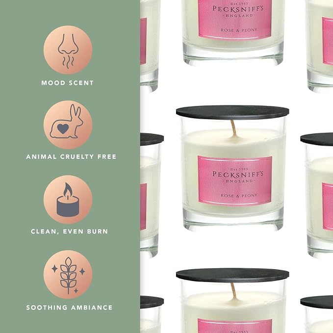 Pecksniffs White Scented Candle - Rose & Peony Fragrance Candles for Home Scented - Elegant Glass Vessel - 1 Wick Luxury Candles, 184g/6.49oz