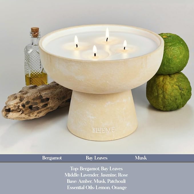 Blueme Nostalgia Candle | Bergamot & Musk | 4 Wick - Refillable Wellness Candle with Essential Oils, Hand Finished & Poured Soy Wax Blend Ceramic Vessel, Natural Cotton Wicks | Large 24 oz