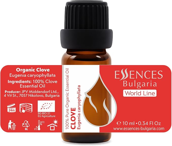 Essences Bulgaria Organic Clove Essential Oil 0.34 Fl Oz | 10ml | Eugenia caryophyllata | 100% Pure and Natural | Undiluted | Therapeutic Grade | Aromatherapy | Cosmetics | Cruelty Free | Non-GMO