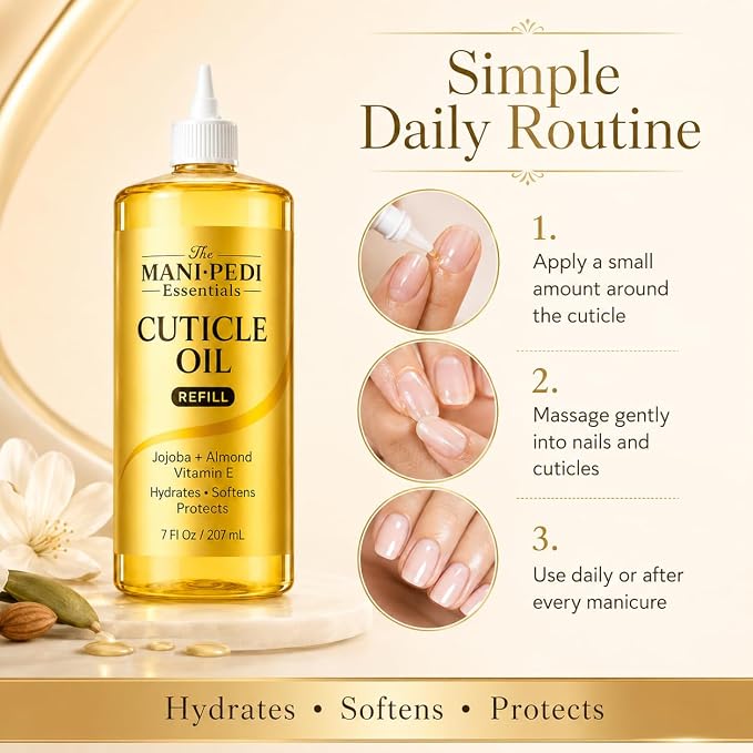 Professional Cuticle Oil Refill/Bulk Pack with precision nozzle for easy refilling - 7 Fl Oz. Enriched with Jojoba Oil, Vitamin E & Sweet Almond Oil. Nail Tech Supplies for Nourished Nails & Cuticles