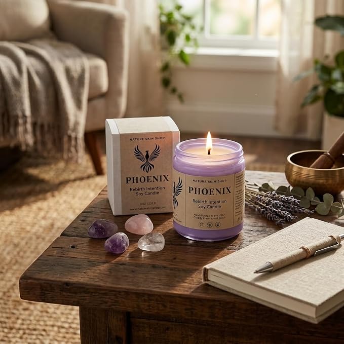 Nature Skin Shop Phoenix Rebirth Artisan Soy Candle Smoked Oud and Amber Aromatherapy Home Fragrance Vegan Cotton Wick 8.5 oz