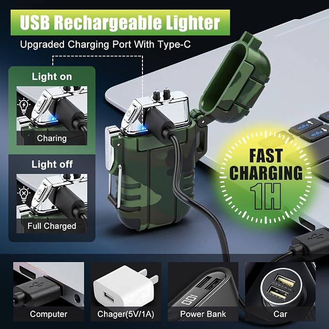 LcFun Electric Lighter USB C Rechargeable Plasma Lighter Windproof Flameless Arc Lighters, Waterproof Matches for Camping Hiking Hunting, Survival Tactical Gear Gifts for Men Fathers Husband