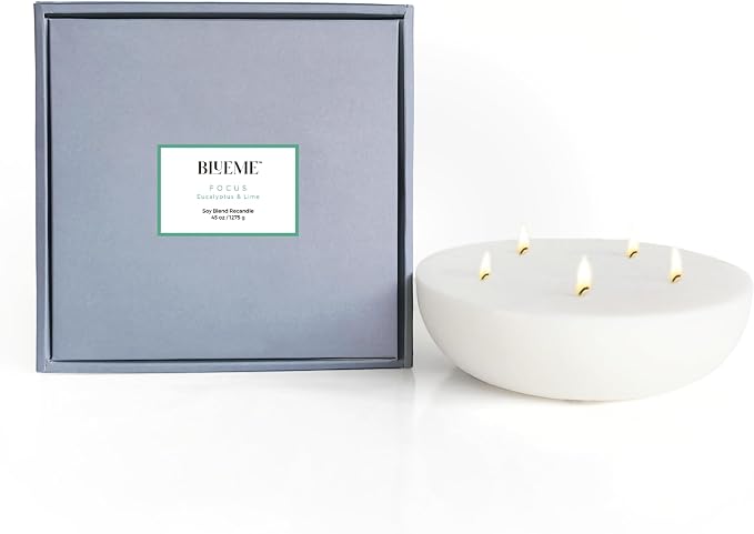 Blueme Focus Candle Refill | Eucalyptus & Lime | 5 Wick - Contains Essential Oil, Sustainable, Hand Finished, Hand Poured, Luxury Refill, Natural Cotton Wick, Soy-Wax Blend | Giant 45 oz