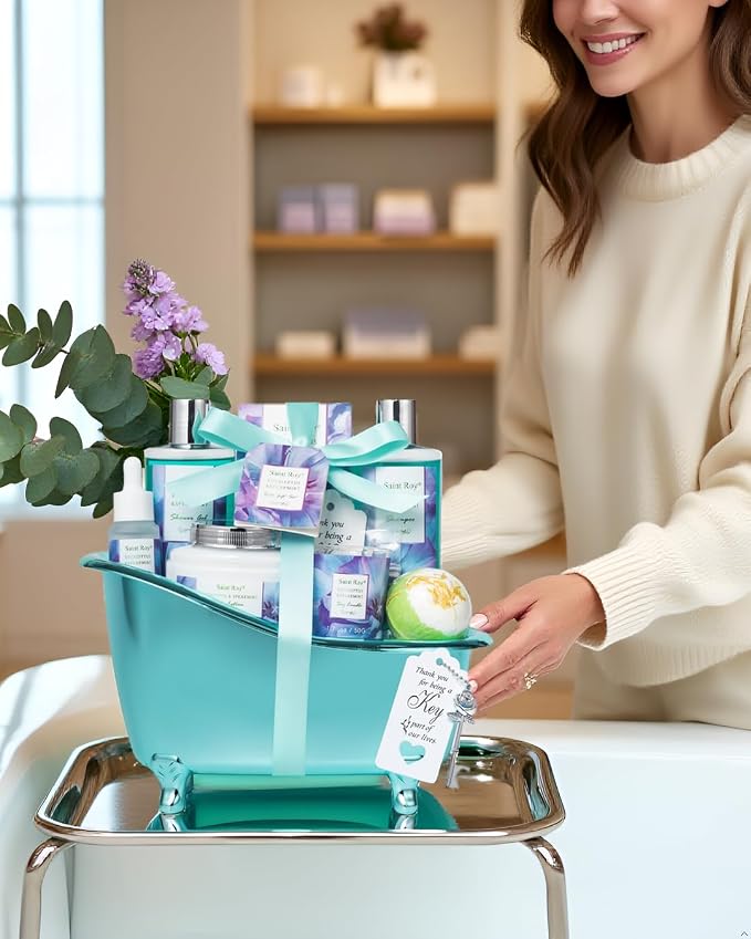 Bath and Body Basket Set EUCALYPTUS & Mint Spa Gift Basket for Women, Unique Bath Gift Baskets Gifts, Home Spa Kit Christmas Gifts for Women, birthday gift baskets for Dad Mother's Day