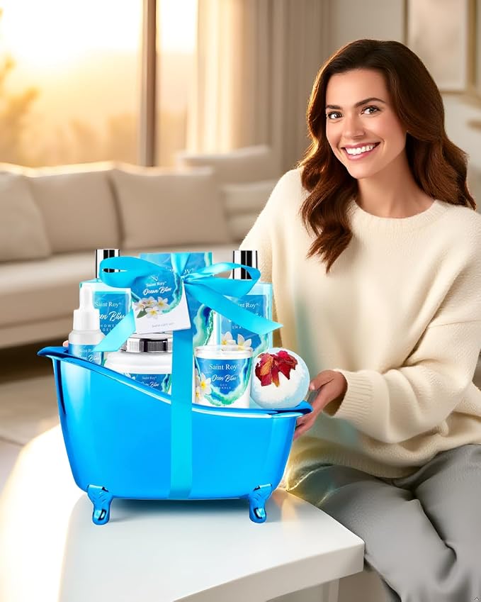 Father's Day Gifts for Women & Men Bath & Body Gift Set, Bath Basket Spa kit Gifts for Her Him Birthday Gift, Self-care Home Spa Kit, 8pcs Christmas Gift for Women Ocean Vanilla, Spa Gift Baskets
