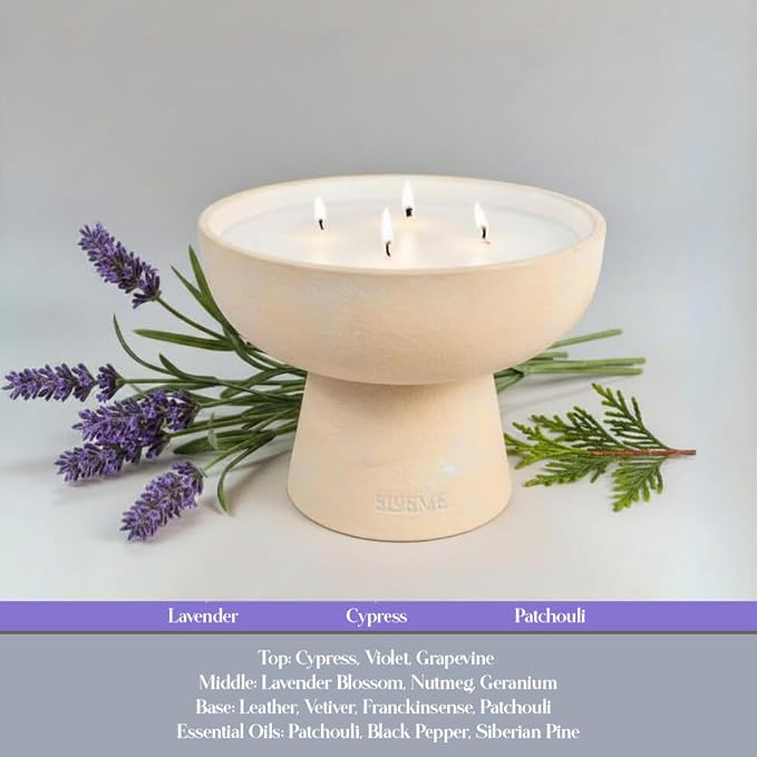 Blueme Sleep Candle | Lavender & Cypress | 4 Wick - Refillable Wellness Candle with Essential Oils, Hand Finished & Poured Soy Wax Blend Ceramic Vessel, Natural Cotton Wicks | Large 24 oz