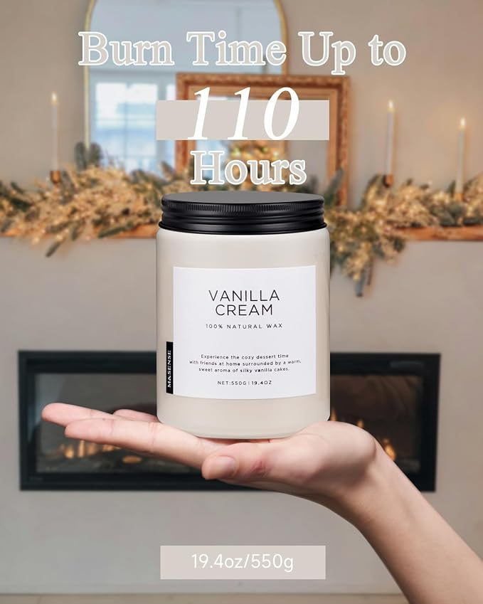 M&SENSE Large Vanilla Scented Candles for Home, 19.4oz Organic Soy Wax, 110-Hour Long Lasting Burning, Natural Candles Non Toxic, Cozy Smelling for Stress Relief, Housewarming Gift for Family