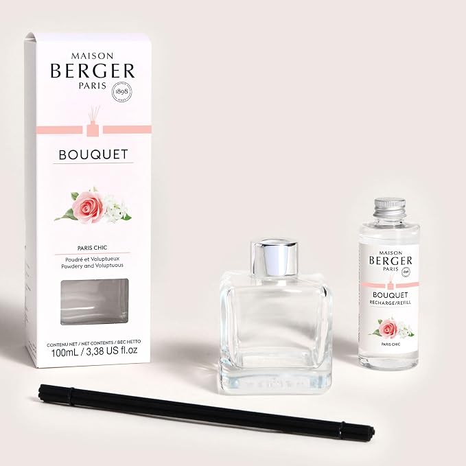 MAISON BERGER Reed Diffuser Bouquet, 100 ml, Paris Chic | Clear Glass Bottle, 8 Reed Sticks, 100 ml Refill, Up to 6-Week Passive Diffusion, No Flame, Made in France