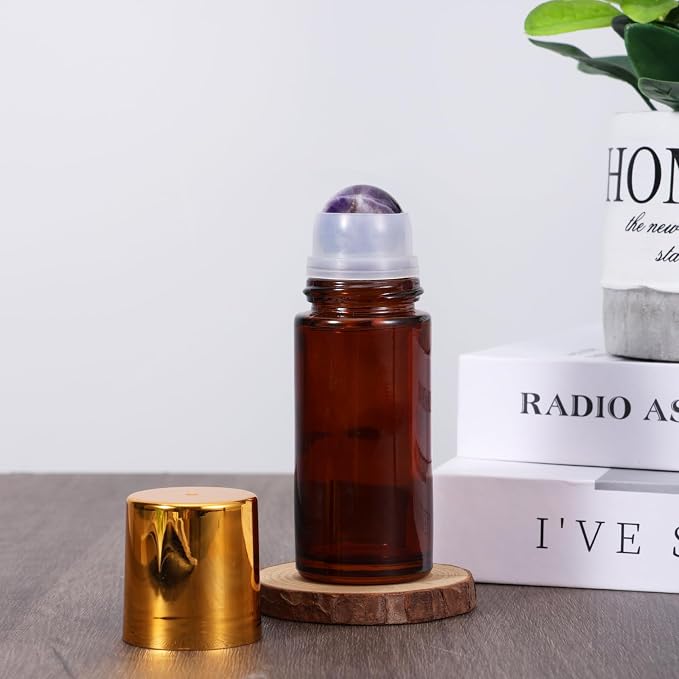 2 Pack 1.7oz Large Amber Glass Roll on Bottles for Essential Oils, Refillable Roller Ball Applicator with Purple Crystal Rollerball, Perfume Deodorant Containers, Leak-Proof for Aromatherapy&Skincare