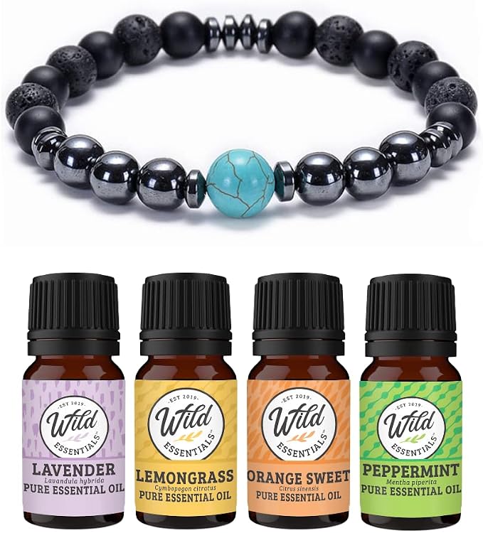 Wild Essentials Turquoise and Hematite Lava Stone Essential Oil Diffuser Bracelet, Expandable Elastic, Aromatherapy Jewelry Gift Set and 100% Pure Oils (Lavender, Lemongrass, Orange and Peppermint)