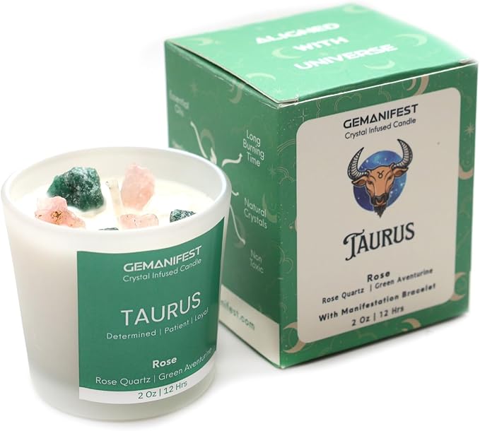 Taurus Zodiac Candle with Bracelet, Rose Scented, Taurus Crystals Birthstone Gifts for Women, Mom, Grandma, Candle Lovers