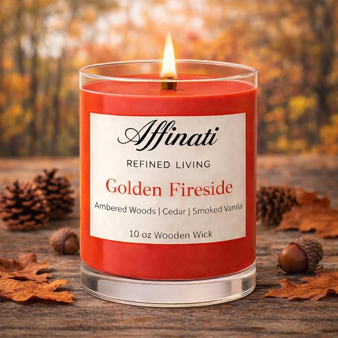 Affinati Golden Fireside Scented Candle, 10 oz Wooden Wick Tumbler Jar – Highly Fragrant Warm Smoky Hearth Aromatherapy, Winter Soy Gift