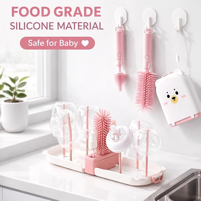 Travel Bottle Cleaner kit, 7in1 Baby Travel Gear Essential Silicone Travel Bottle Brush Set Nipple Drying Rack, Straw Breast Pump Cleaning Soap Dispenser Organizer Case Mon Gift (Pink)