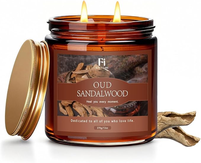 Oud & Sandalwood Scented Candle, 13 oz Soy Wax Candle with Cotton Wick, 76-Hour Clean Burning, Non-Toxic Woodsy Scent for Relaxation & Focus, Aromatherapy Candle, Housewarming Gift