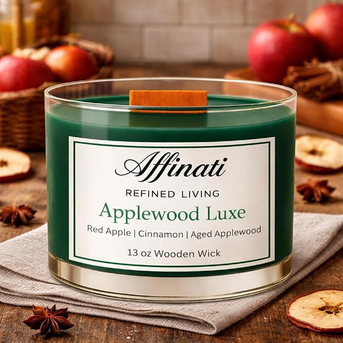 Affinati Applewood Luxe Wooden Wick Candle – Luxury Wooden Bowl, 13 oz