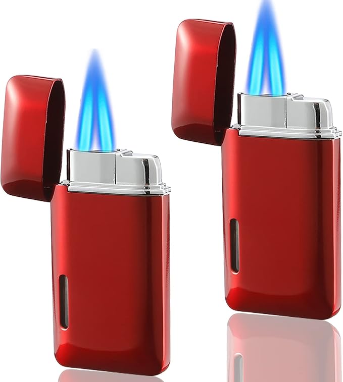Futlidys 2 Pack Mini Torch Lighter Butane Refillable, Double Flame Butane Lighter with Visible Window, Adjustable Jet Lighter, Great Gifts for Men and Women, Without Gas (Red)