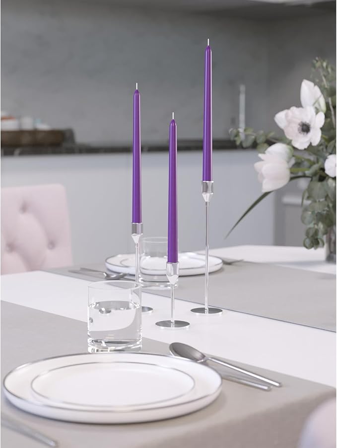 CANDWAX Purple 10 inch Taper Candles Pack of 4 - Unscented Smokeless Dripless Long Burning Christmas Candlesticks - Perfect as Christmas Candle Sticks for Home Decor - Purple Taper Candles