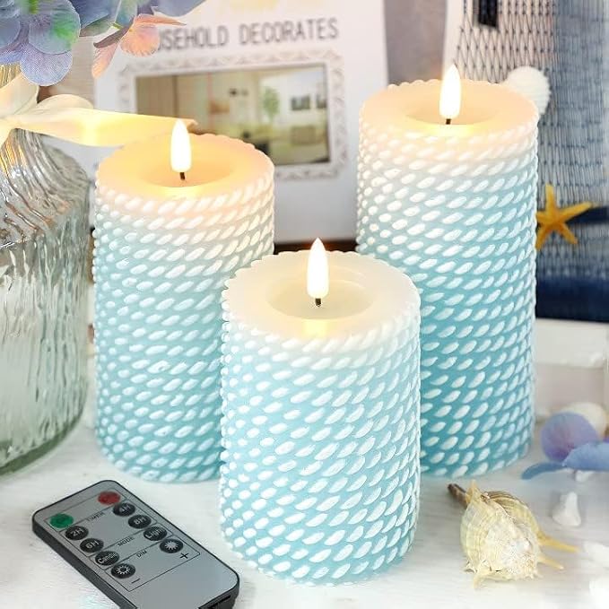 Blue Flameless Candles, Rope Texture 3D Wick, Flickering Pillar Candles with Remote & Timer, 3 Pack