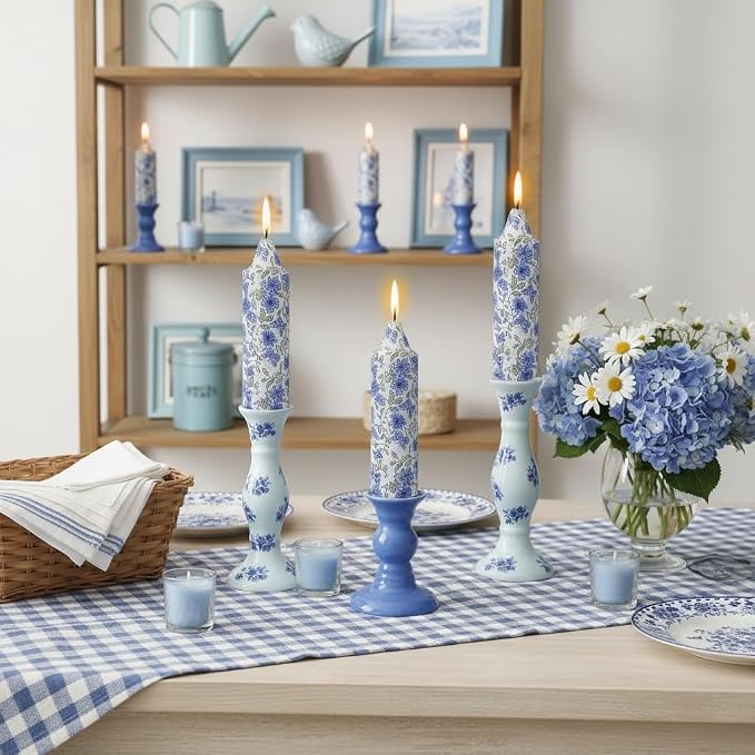 5 inch Short Blue Candle Floral Candle Sticks Printed Candlestick Handmade Unscented Taper Candle 4 Pack Flower Tapered Candles for Blue Home Dinner Wedding Holiday